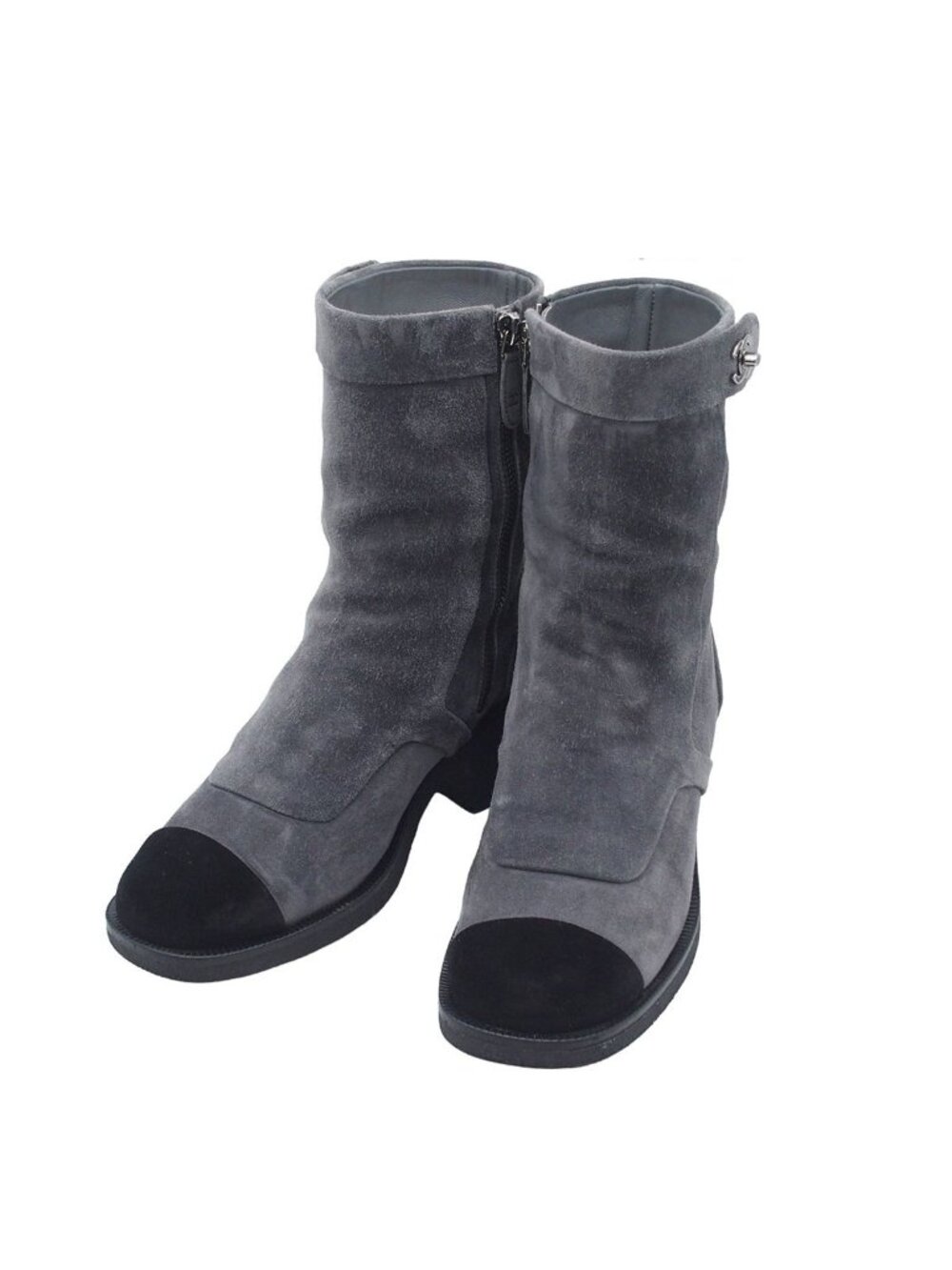 Chanel Ankle Zip Up Short Boots Dark Gray Black Suede CC Logo Turnlock